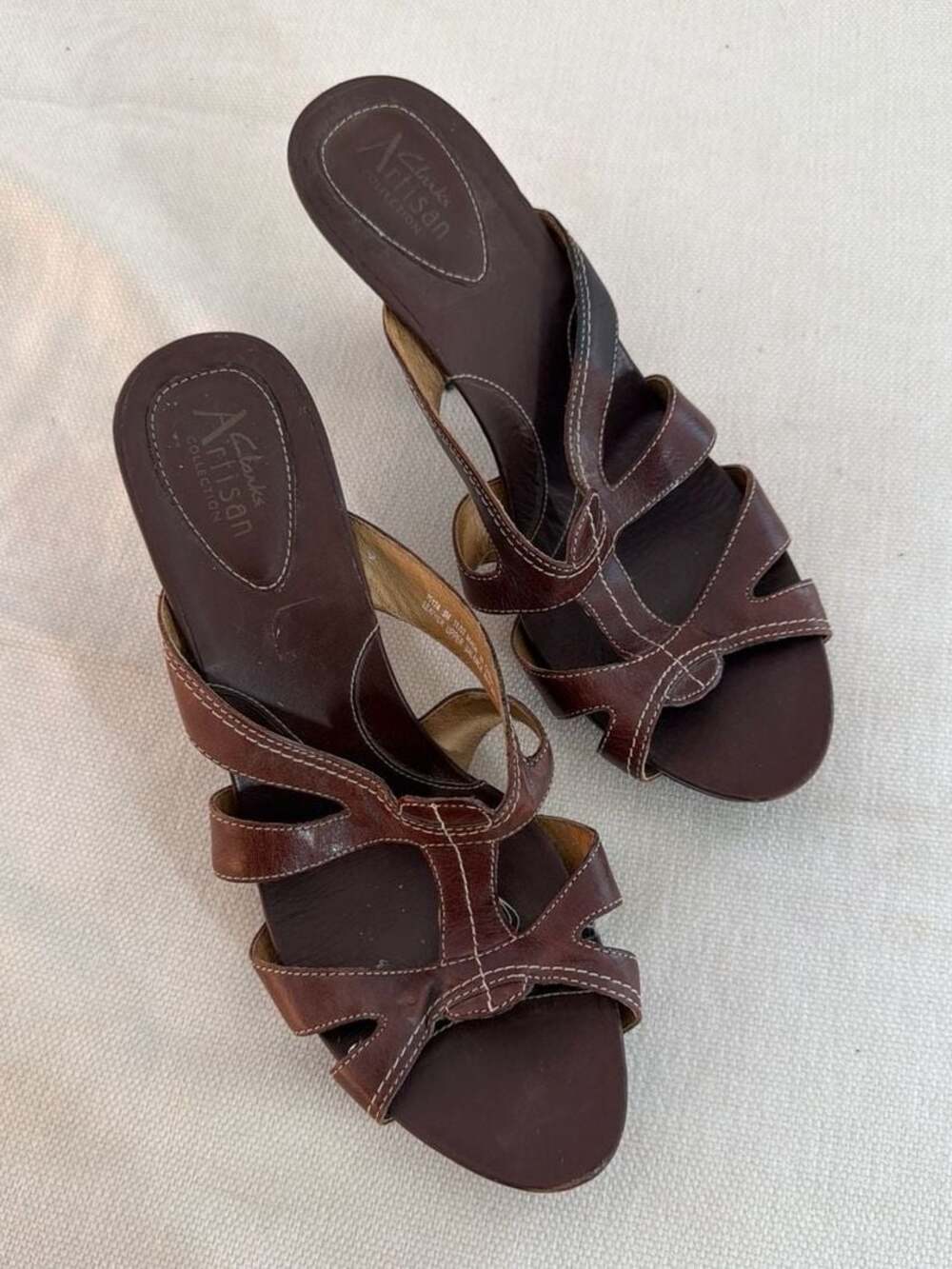 Clarks Artisan Brown Leather Strappy Heeled Slide Sandals Size 6.5M